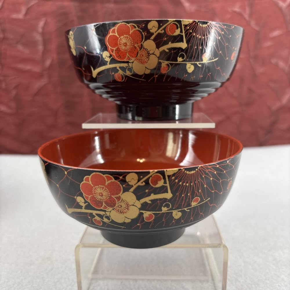 Japanese Lacquerware Bowls Soup Rice Noodles Red Black Gold Floral Miso Japan - Picture 10 of 16